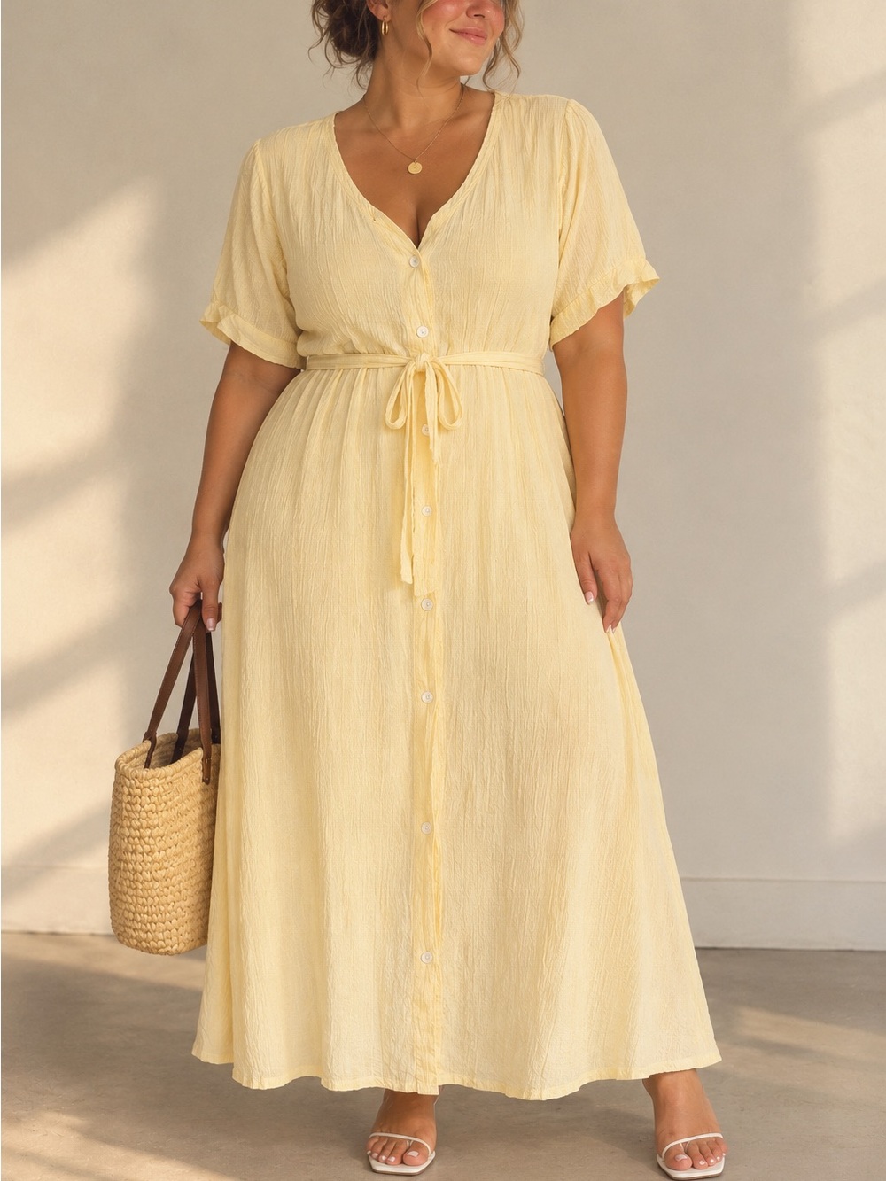 Gloria Vanderbilt Pale Yellow Button-Front Maxi Dress with Tie Waist